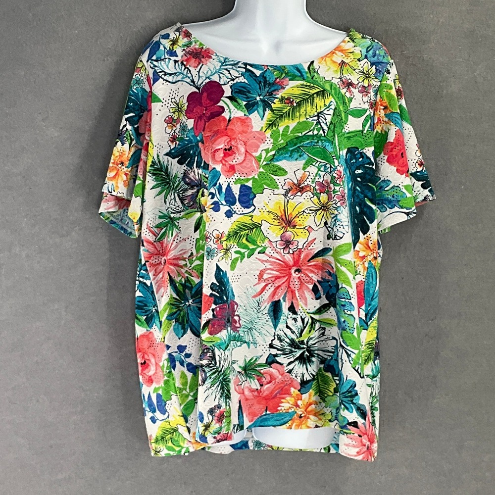 Susan Graver Top Women's XL Tropical Floral Print Boat Neck Short Sleeve Bold